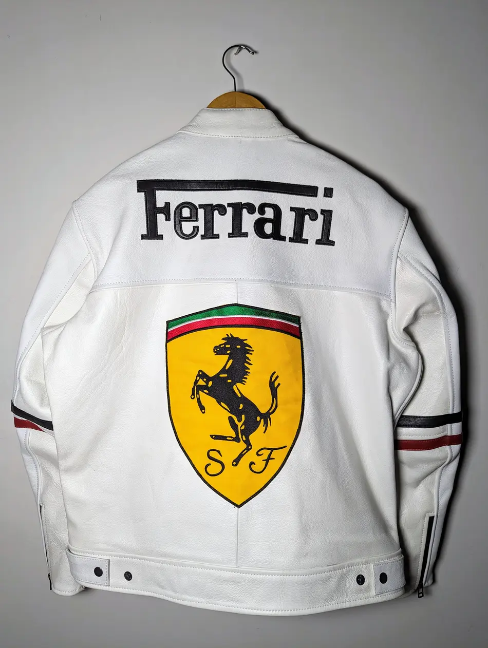 Ferrari Racing White Motorcycle Cowhide Leather Jacket - Image 2