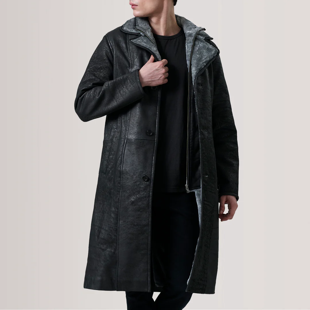 Cai Distressed Black Leather Shearling Coat