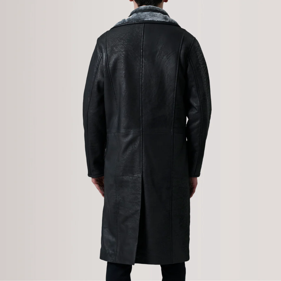 Cai Distressed Black Leather Shearling Coat - Image 2