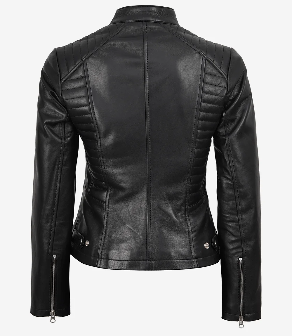 Women's Cafe Racer Black Leather Jacket - Image 2