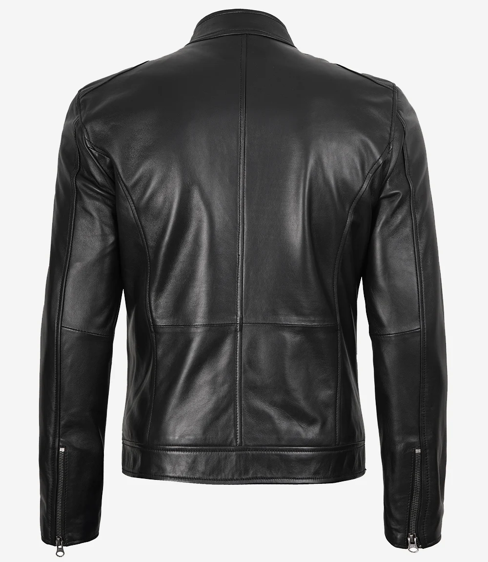 Men’s Classic Black Lambskin Cafe Racer Leather Jacket - Image 2