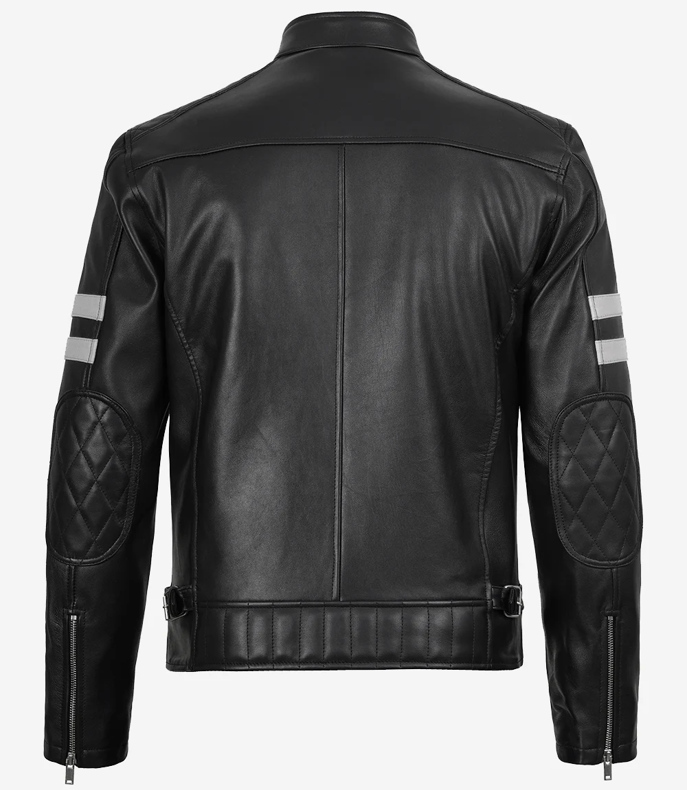 Men’s Black Cafe Racer Leather Jacket with White Stripes - Image 2