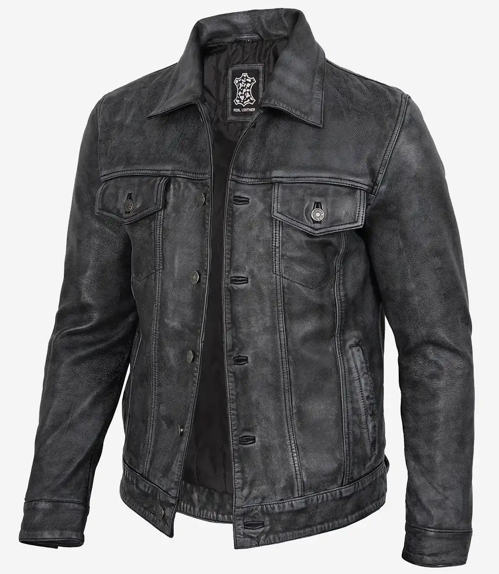 Men’s Black Distressed Real Leather Trucker Jacket
