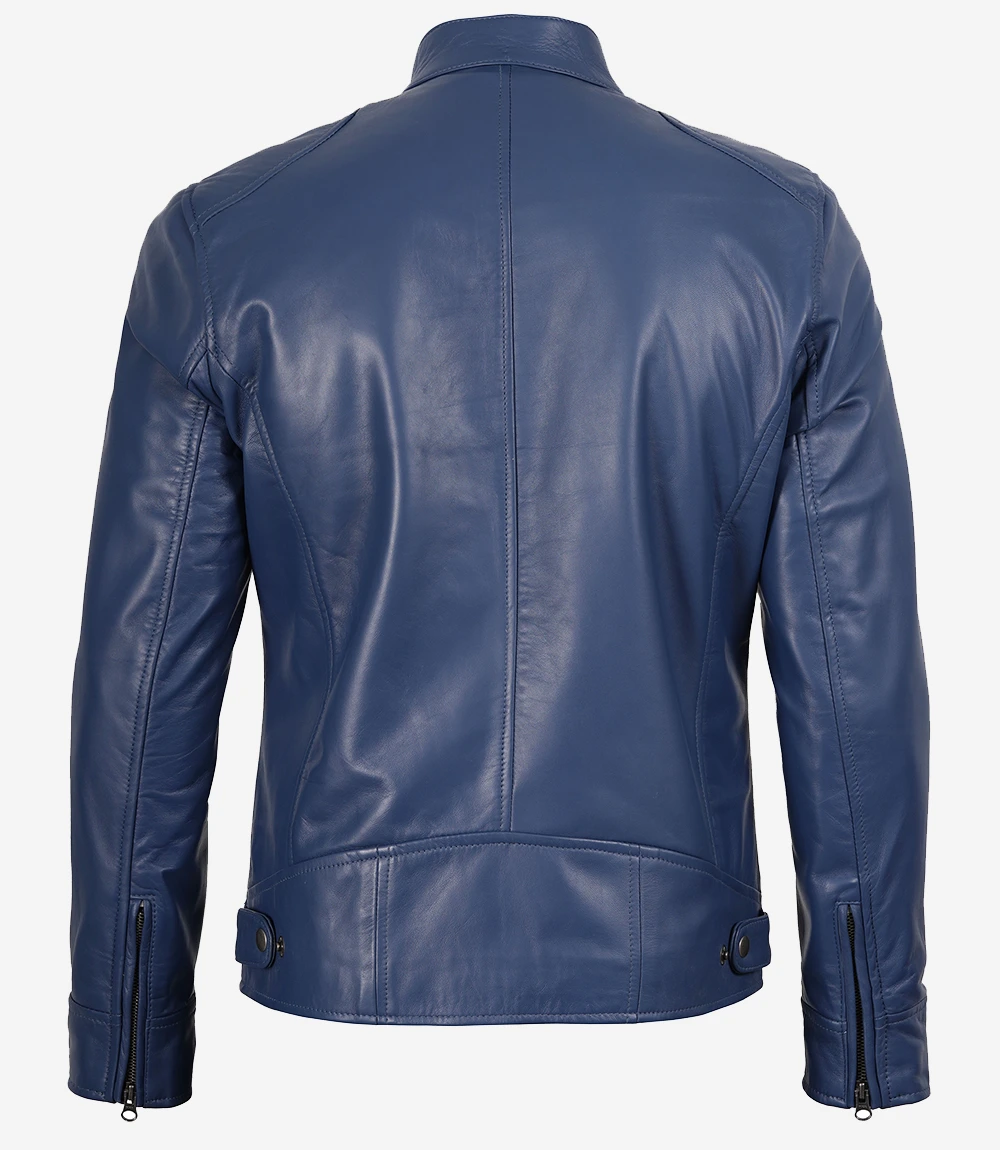 Men's Dodge Blue Cafe Racer Leather Jacket - Image 2