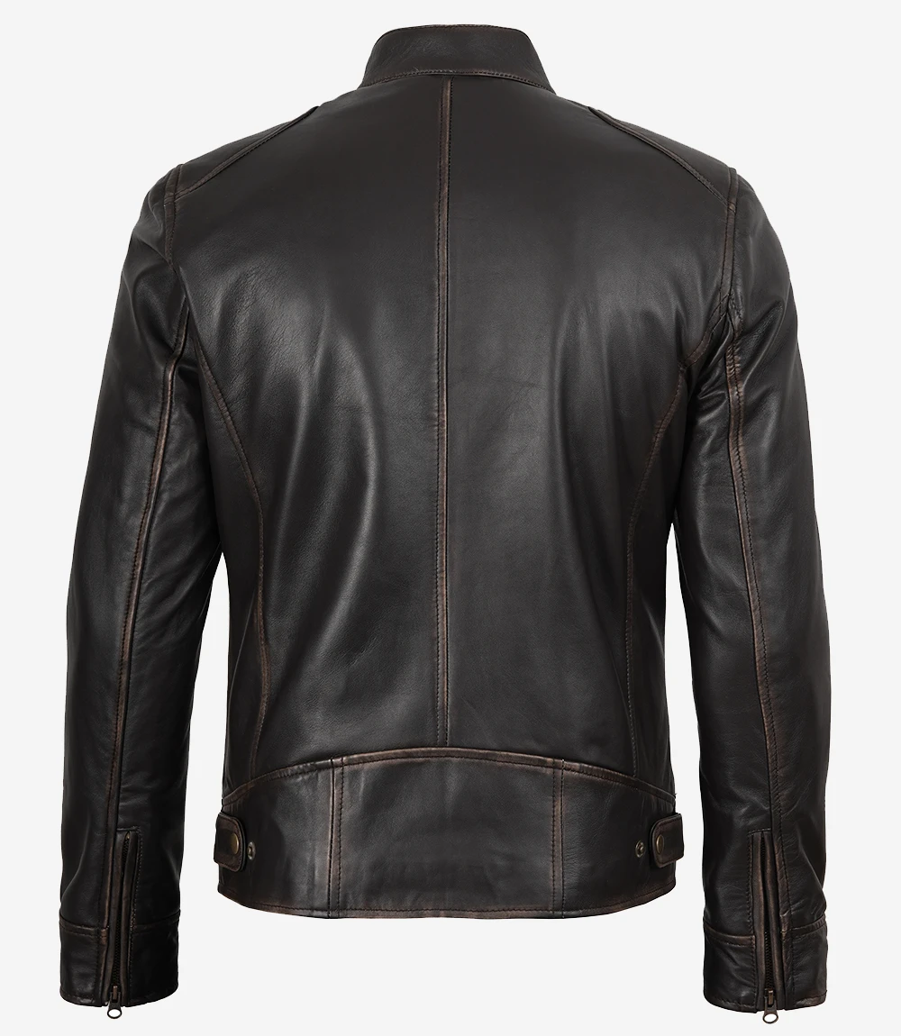 Dodge Men's Rub-off Dark Brown Leather Jacket — Cafe Racer Style - Image 2