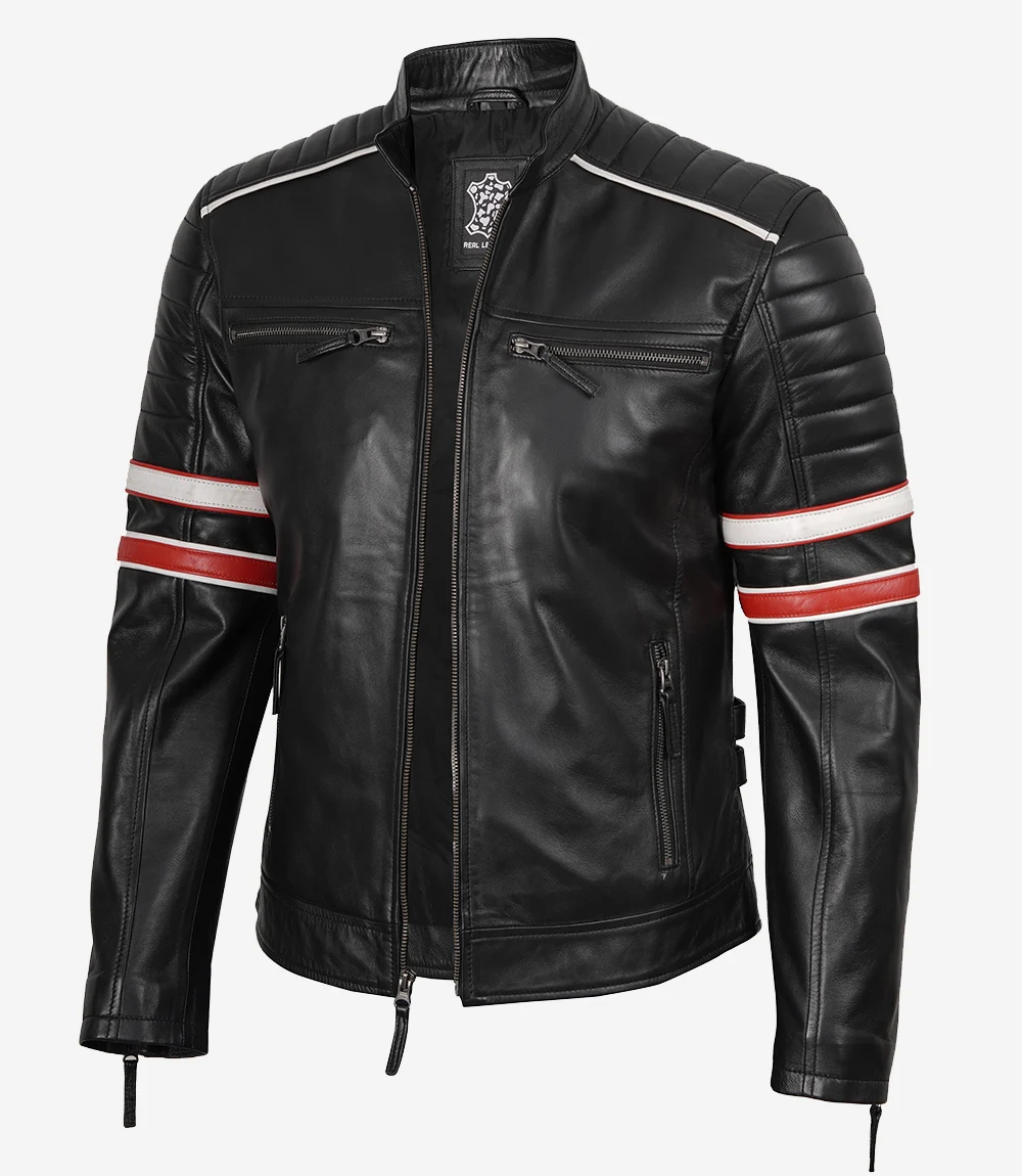 Men’s Black Cafe Racer Leather Jacket with Red & White Stripes