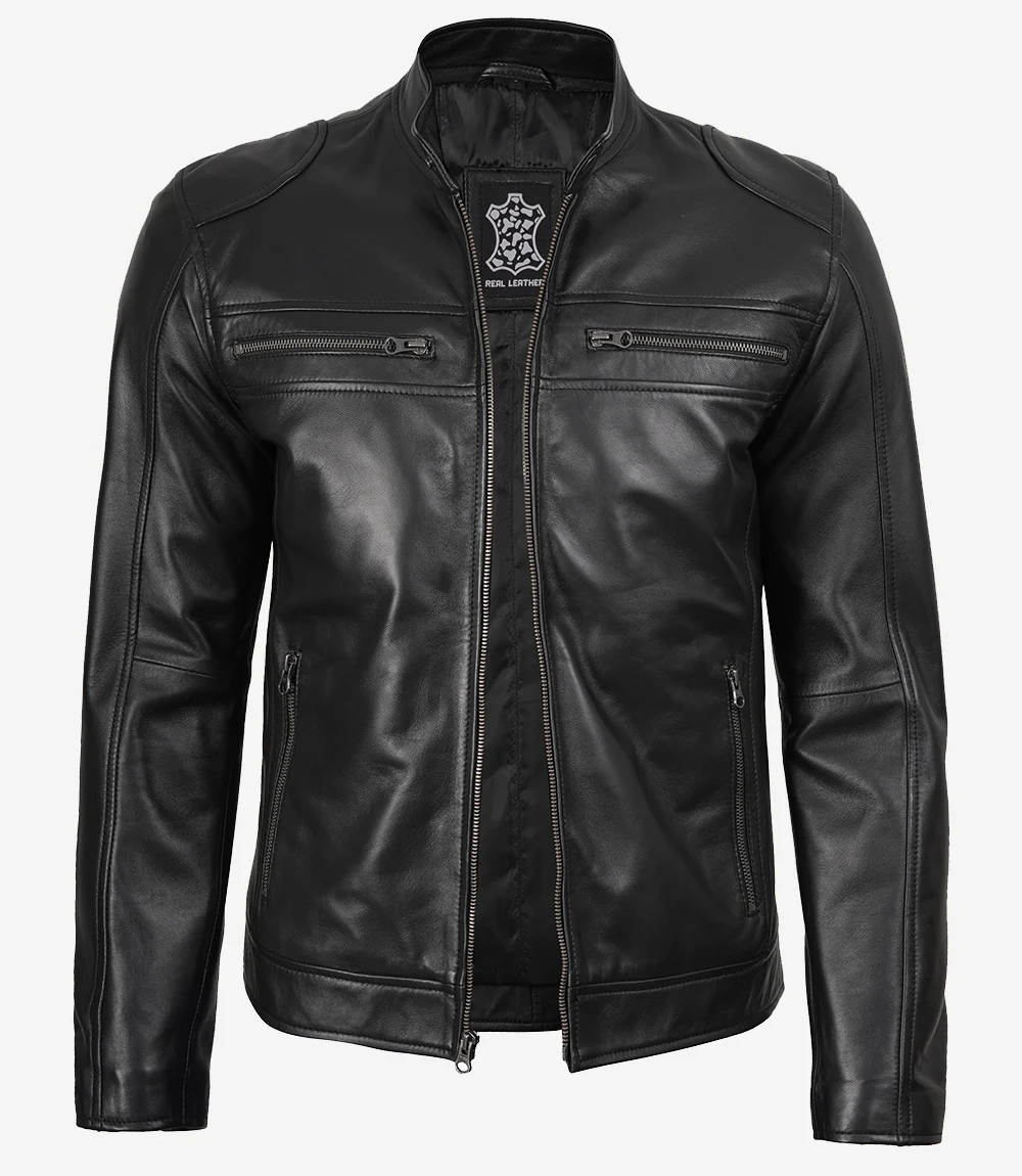 Men’s Classic Black Lambskin Cafe Racer Leather Jacket
