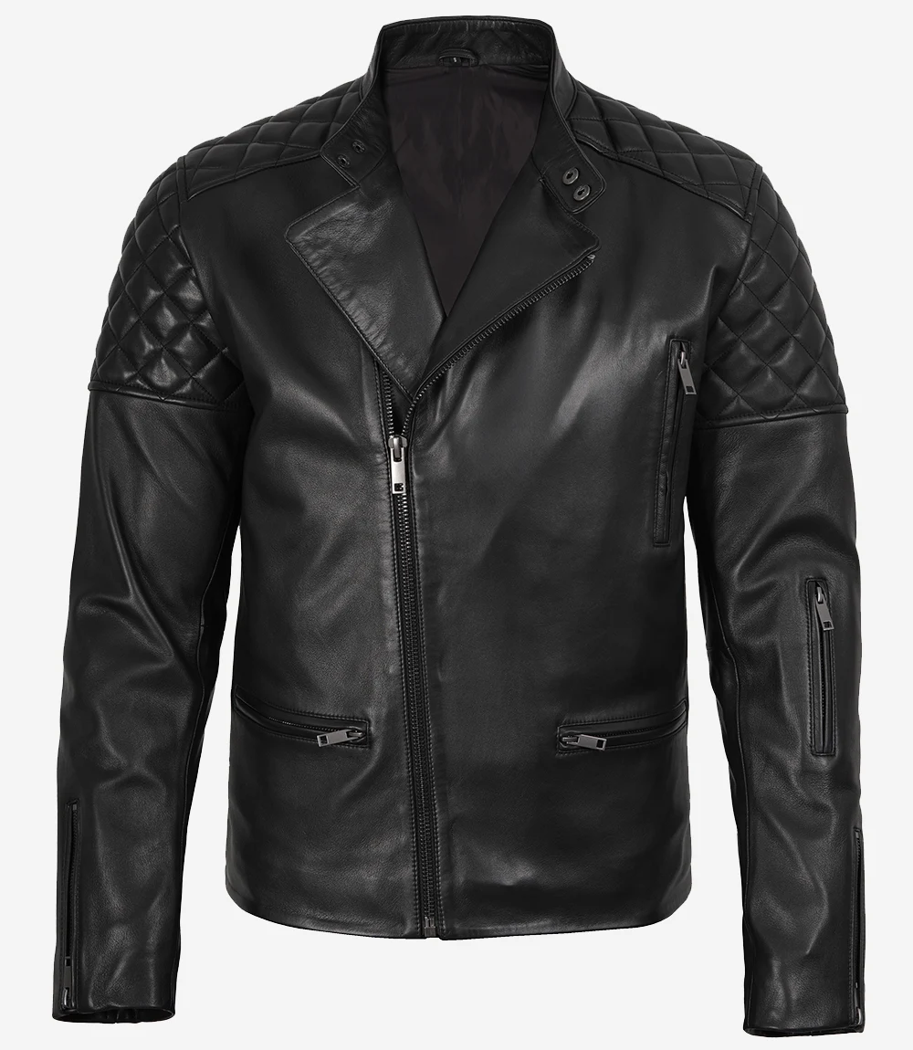 Men's Black Asymmetrical Quilted Biker Style Leather Jacket