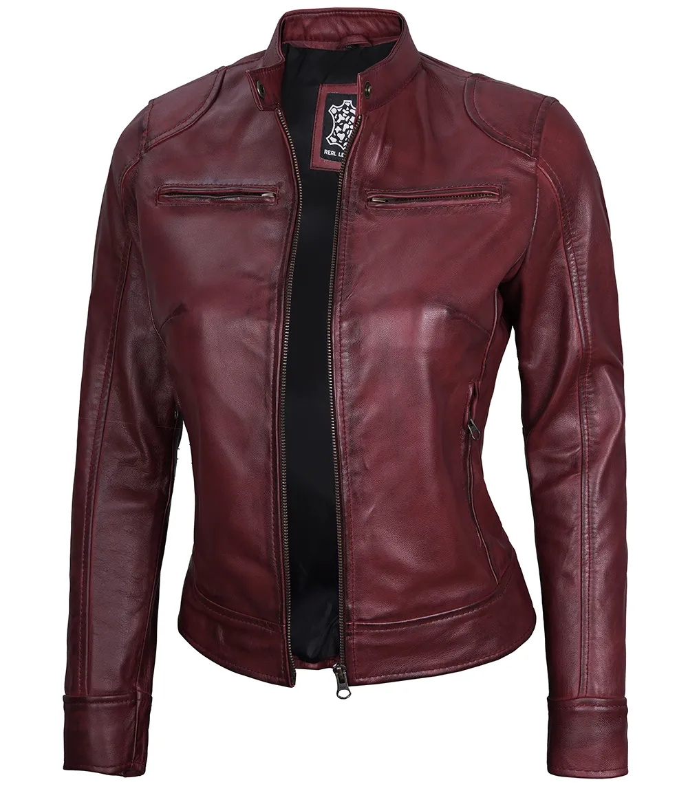 Dodge Women's Burgundy Cafe Racer Leather Jacket