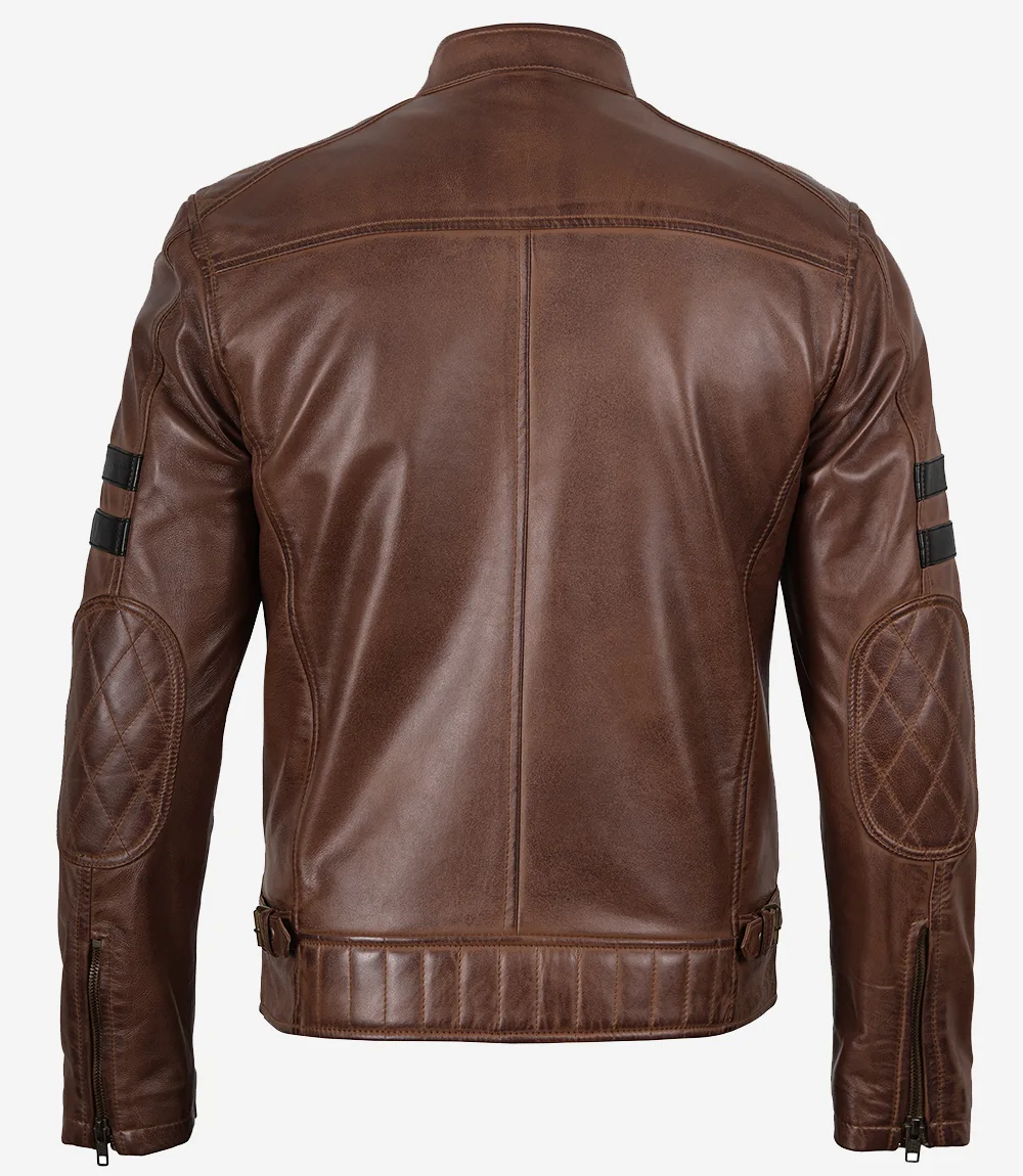 Men’s Cognac Brown Cafe Racer Leather Jacket with Black Stripes - Image 2
