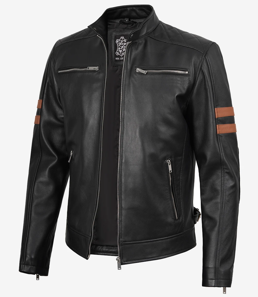 Men’s Black Cafe Racer Leather Jacket with Cognac Stripes