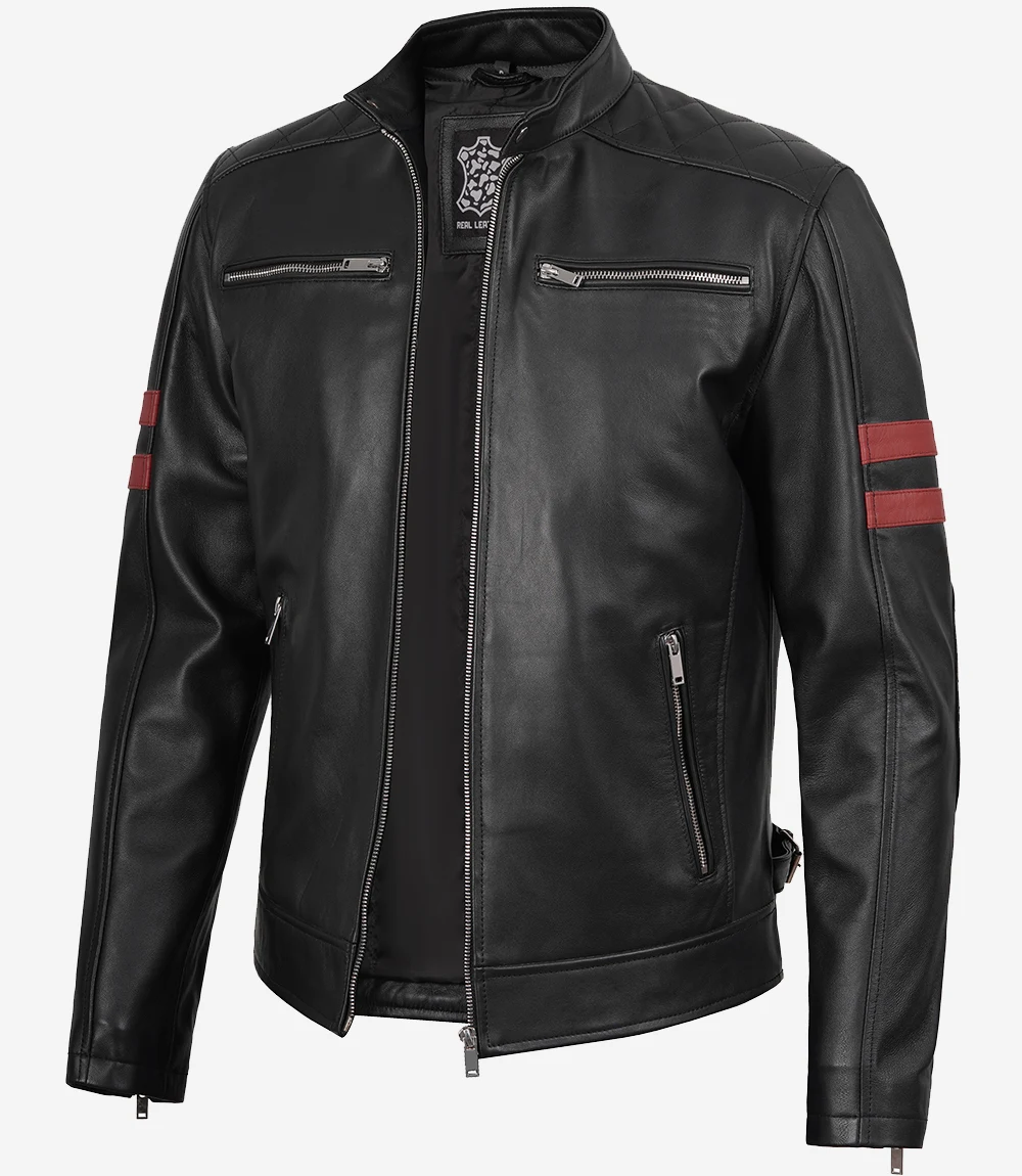 Men’s Black Cafe Racer Leather Jacket with Maroon Stripes