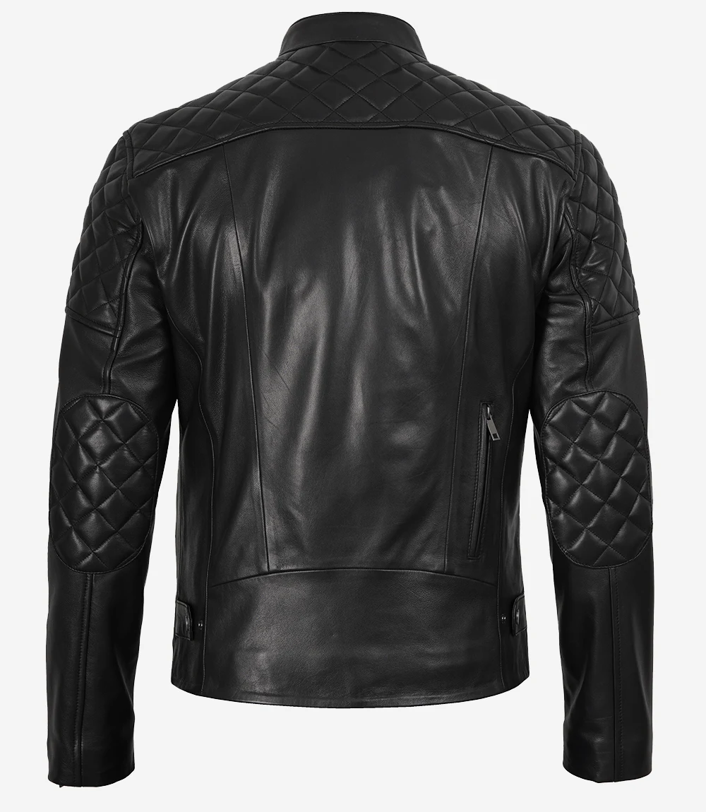Men's Black Asymmetrical Quilted Biker Style Leather Jacket - Image 2