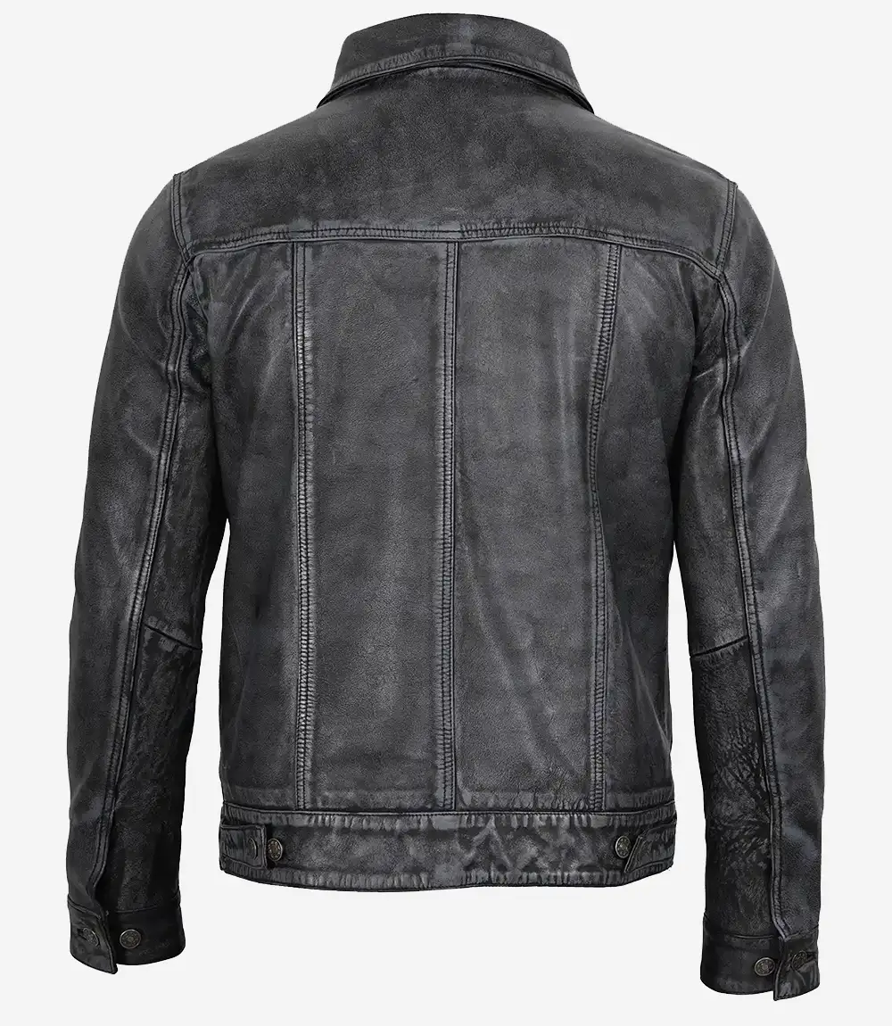 Men’s Black Distressed Real Leather Trucker Jacket - Image 2