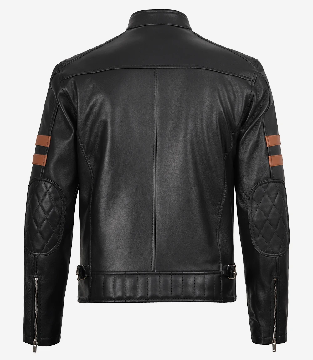 Men’s Black Cafe Racer Leather Jacket with Maroon Stripes - Image 2