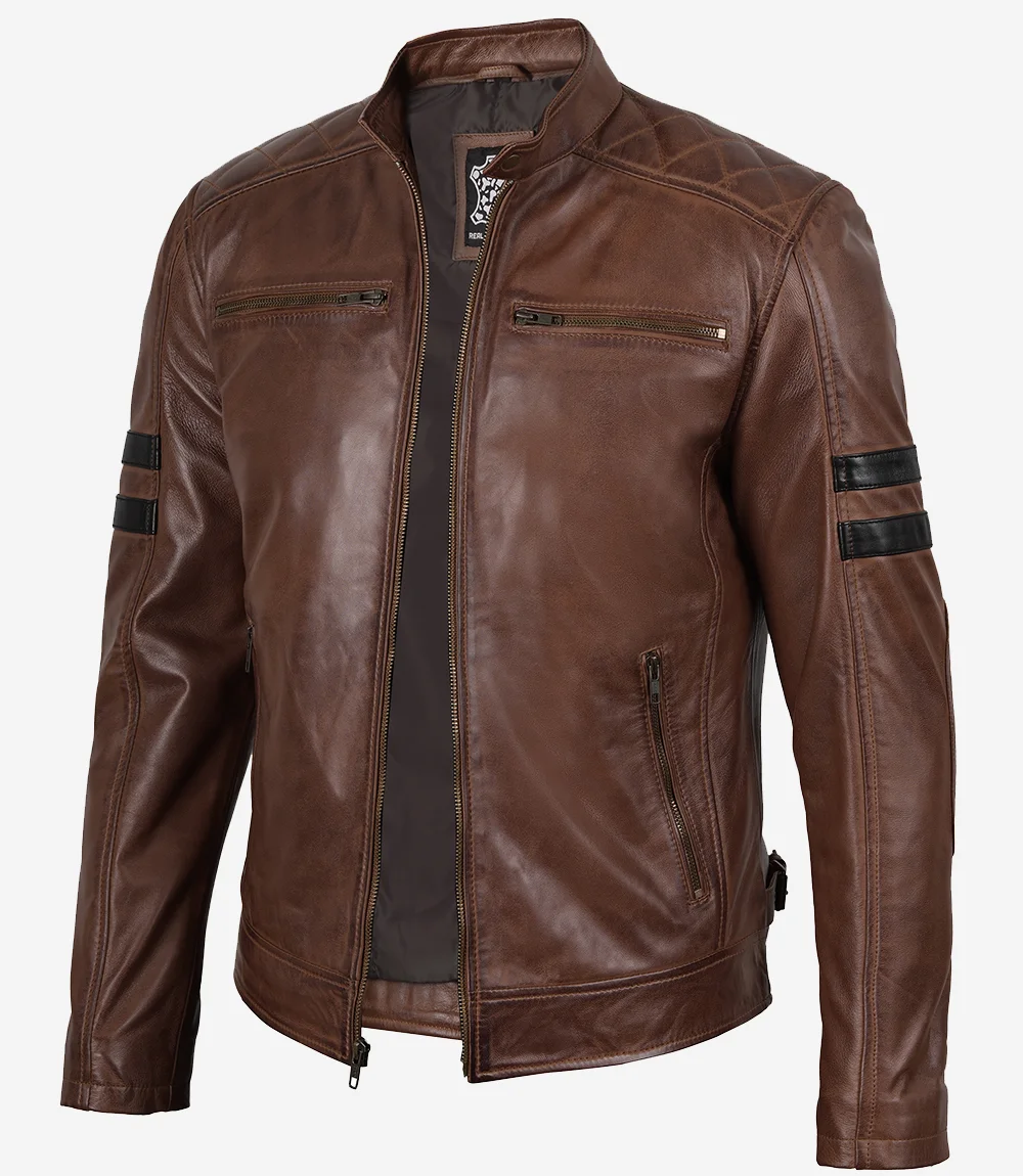 Men’s Cognac Brown Cafe Racer Leather Jacket with Black Stripes