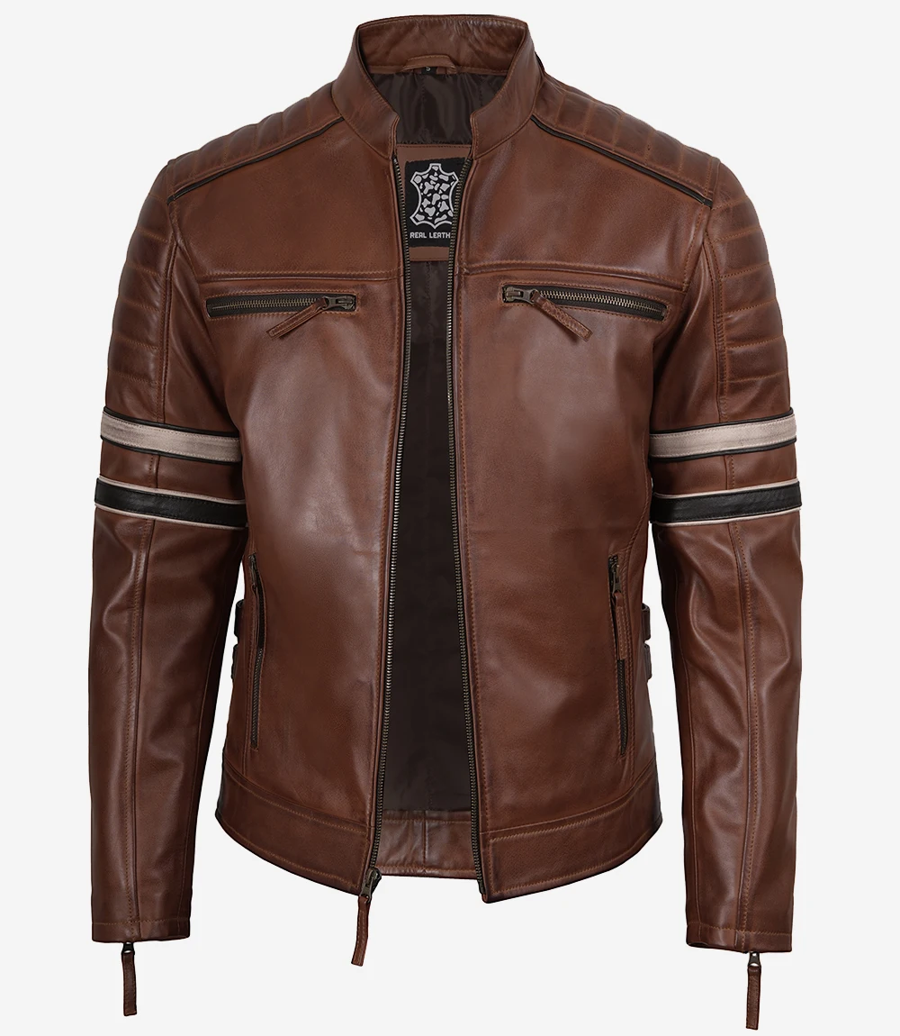 Men's Cognac Brown Leather Racer Jacket with Off White & Black Stripes