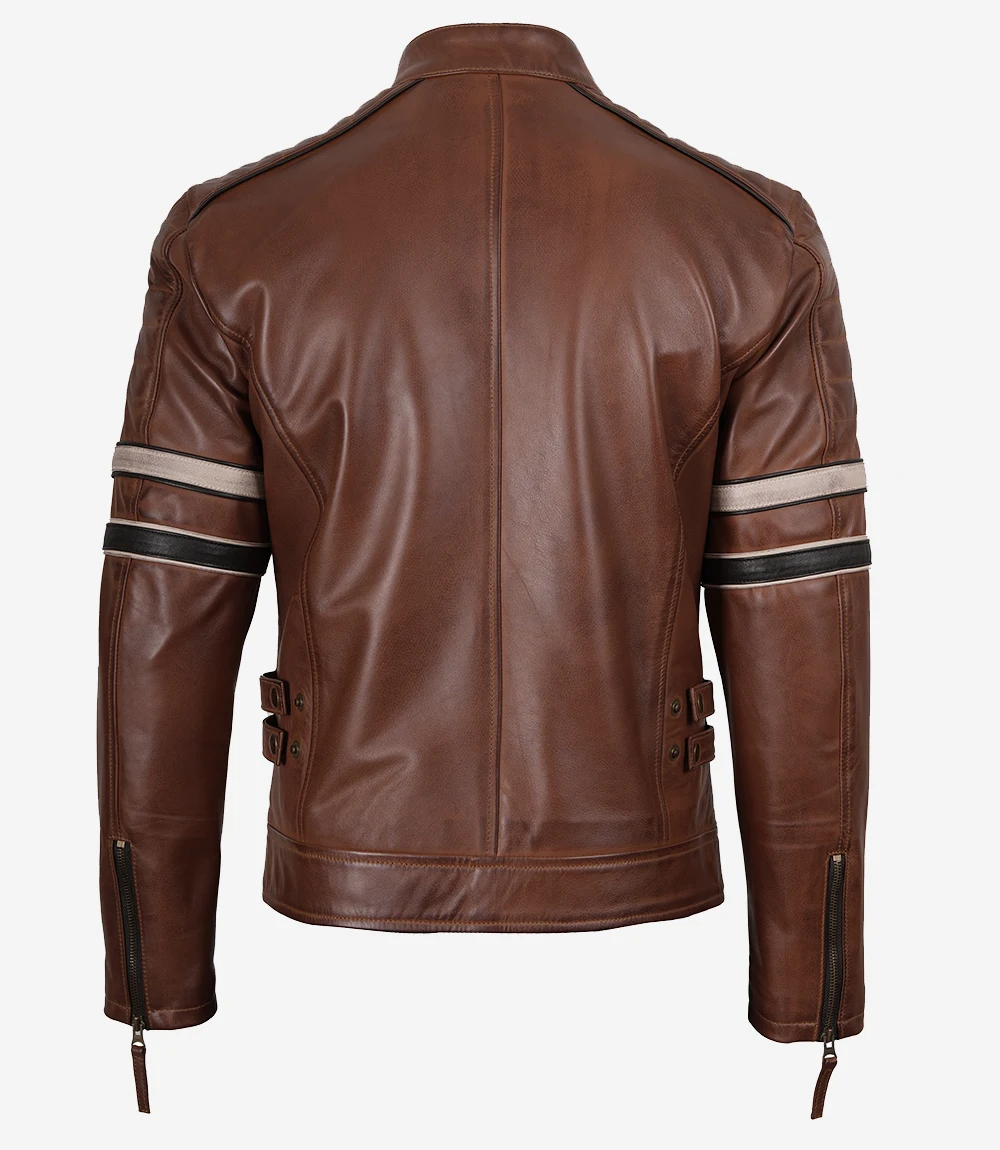 Men's Cognac Brown Leather Racer Jacket with Off White & Black Stripes - Image 2