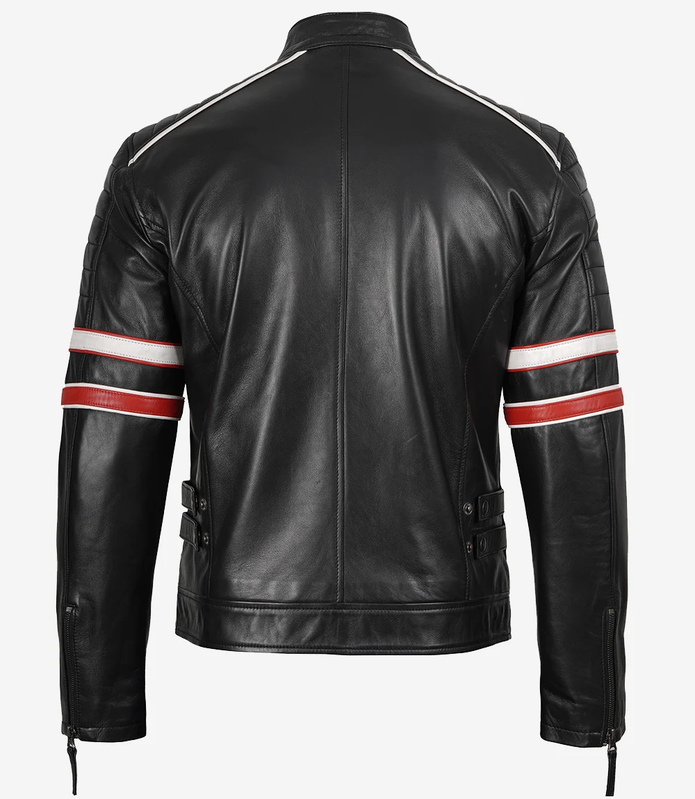 Men’s Black Cafe Racer Leather Jacket with Red & White Stripes - Image 2