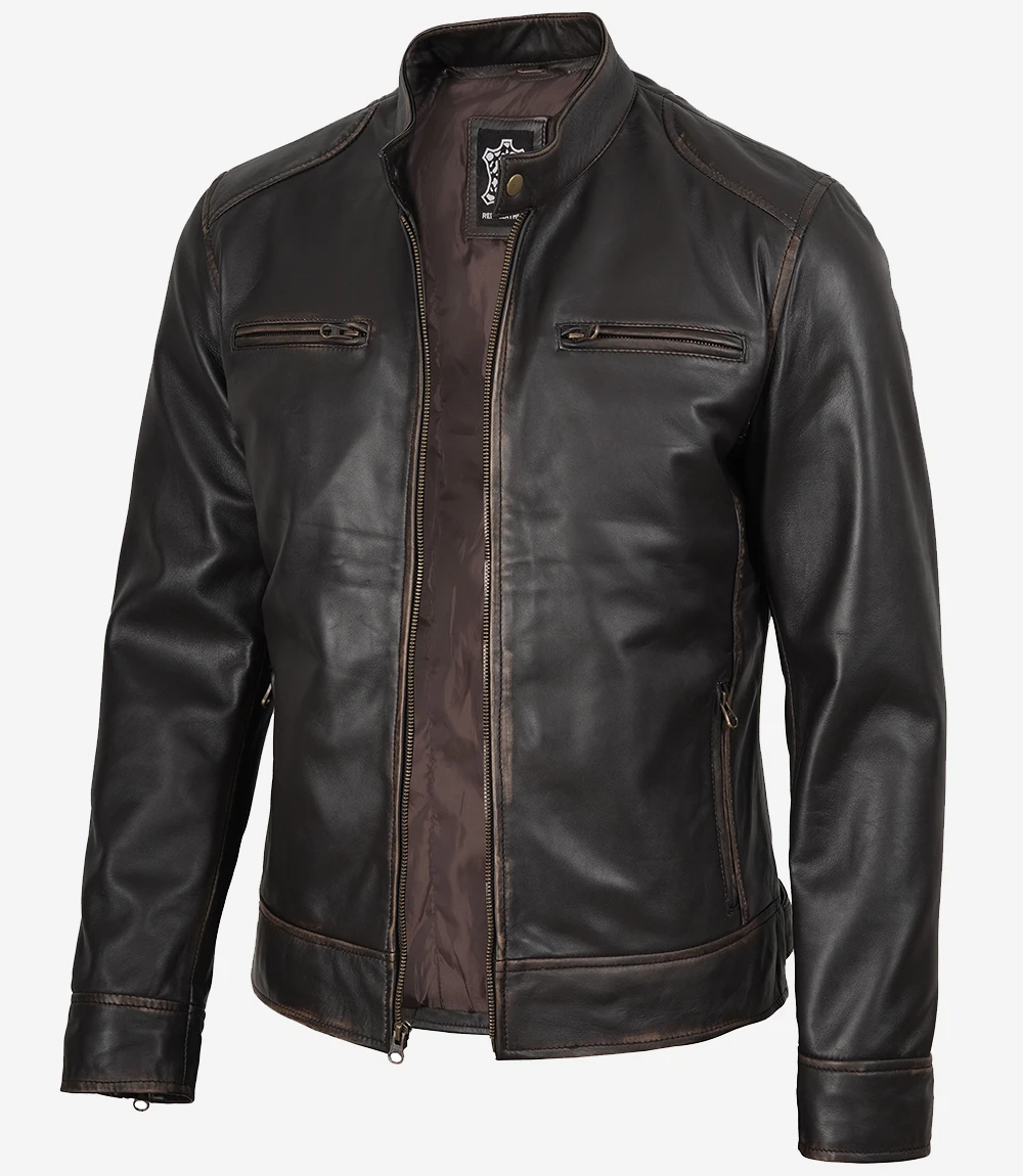 Dodge Men's Rub-off Dark Brown Leather Jacket — Cafe Racer Style