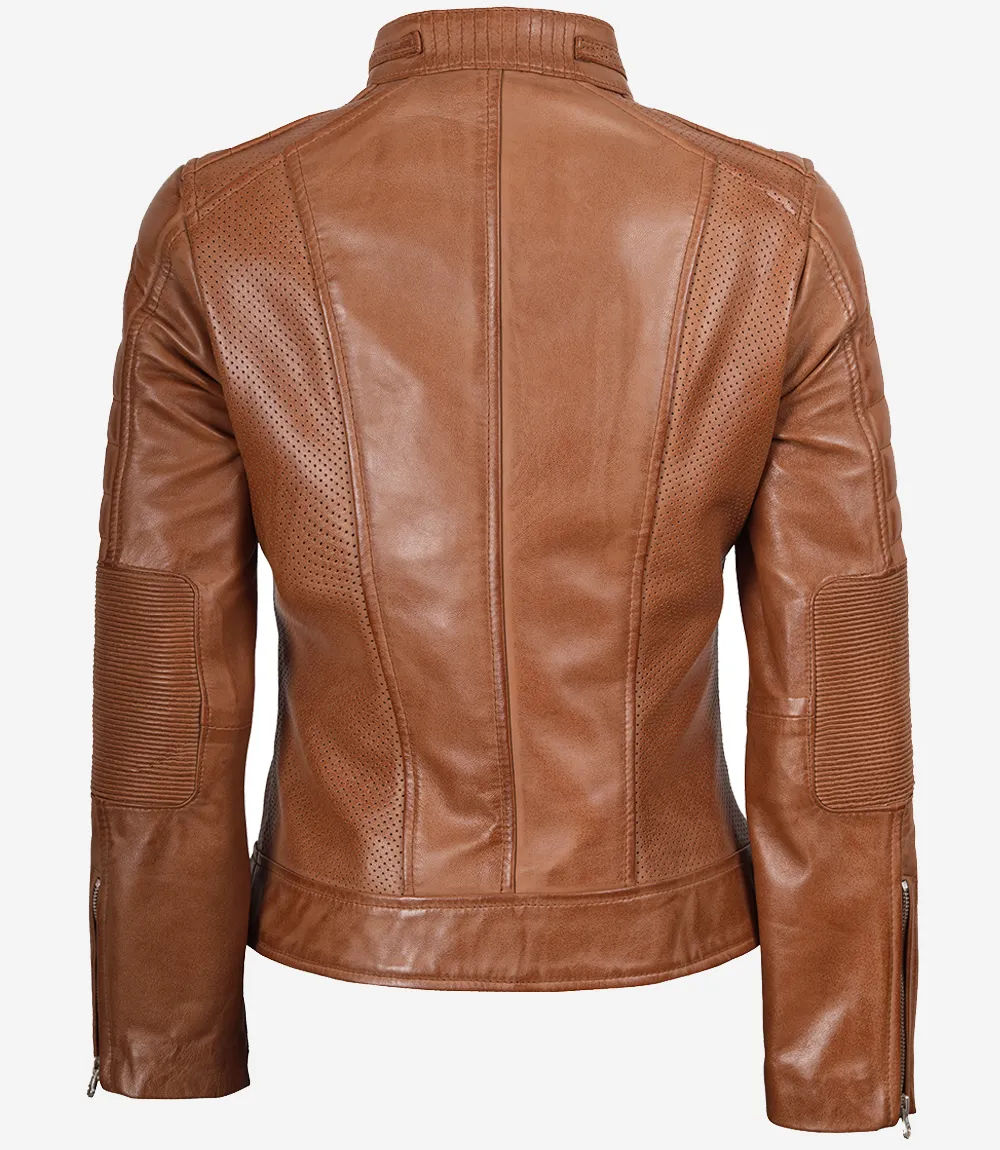 Women's Tan Brown Cafe Racer Leather Jacket - Image 2