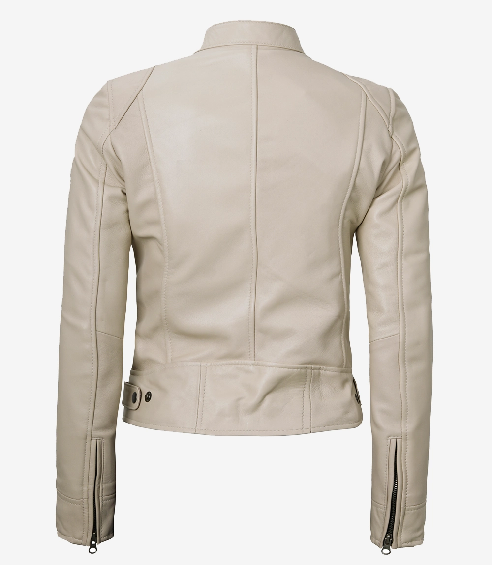 Dodge Women's Beige Cafe Racer Leather Jacket - Image 2