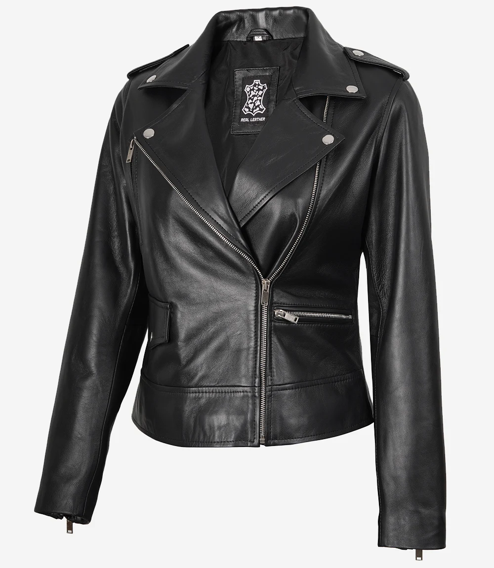 Women's Asymmetrical Black Real Leather Biker Jacket
