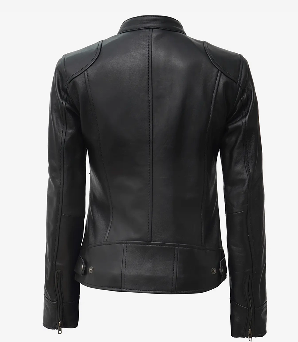 Women's Black Lambskin Leather Biker Jacket - Image 2