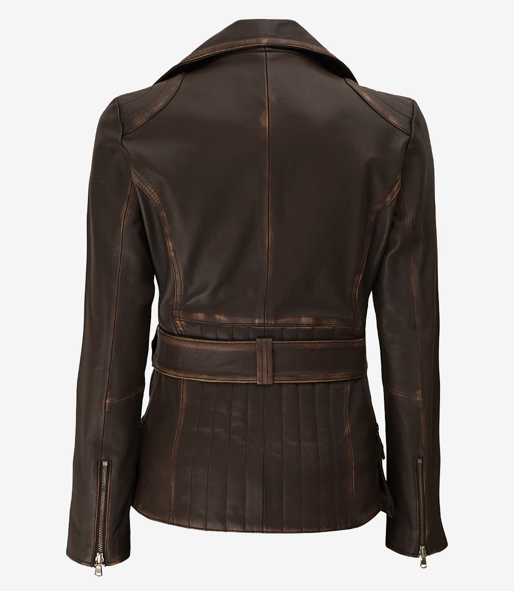 Women's Asymmetrical Rub-off Brown Belted Biker Jacket - Image 2