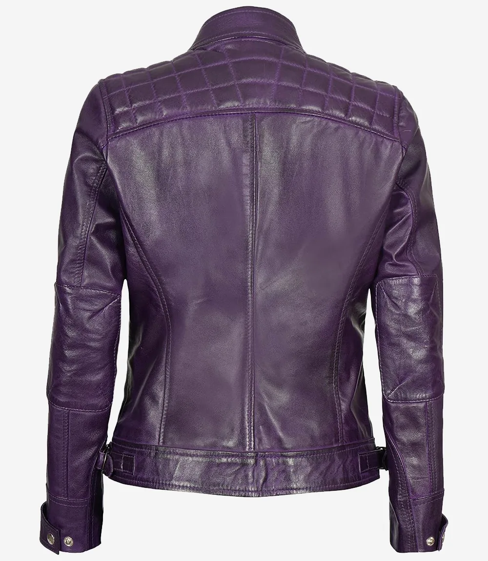 Women Purple Quilted Leather Cafe Racer Jacket - Image 2