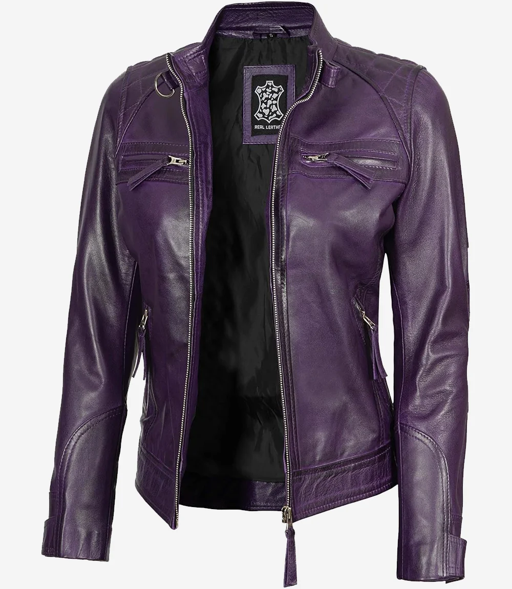 Women Purple Quilted Leather Cafe Racer Jacket