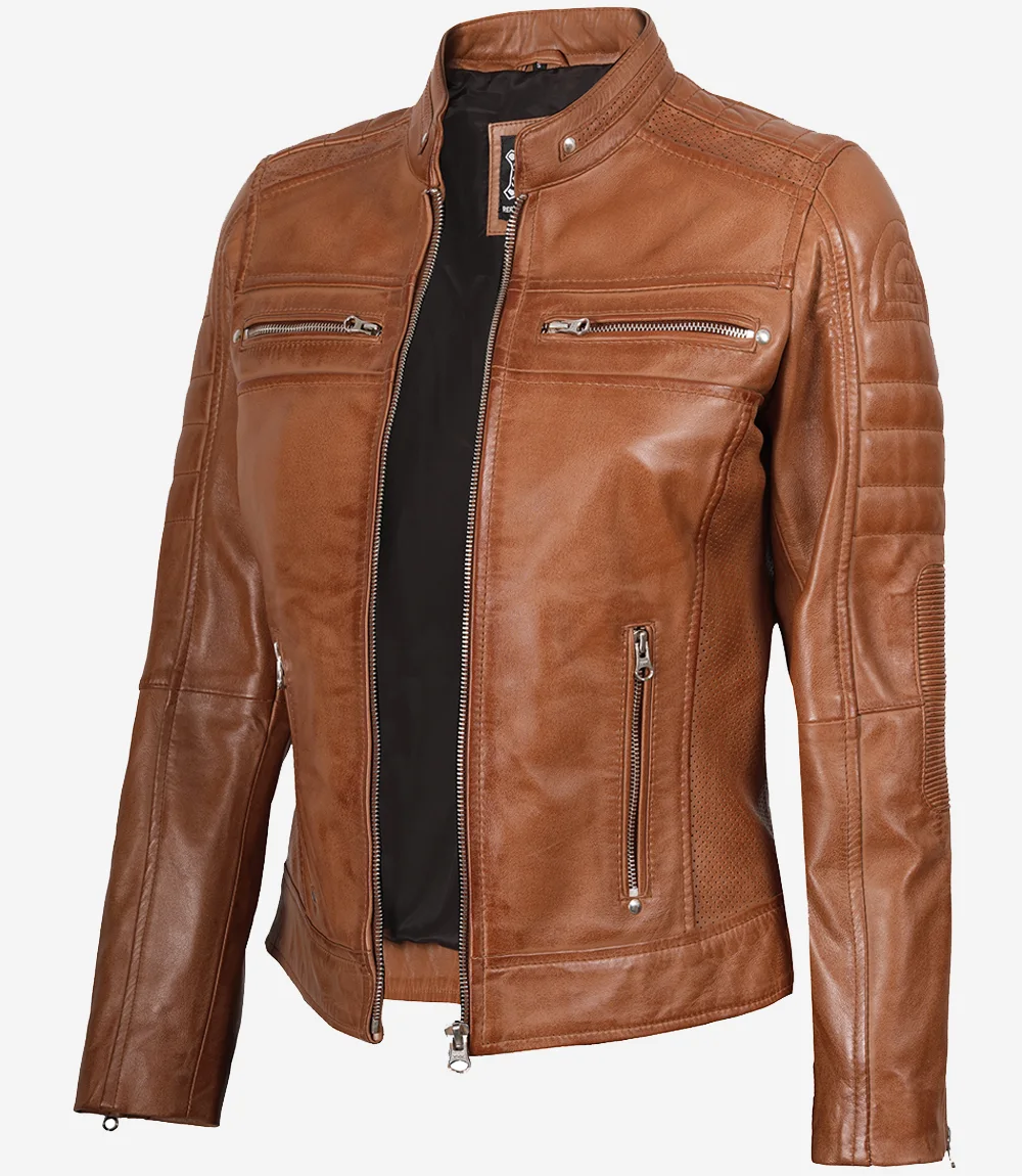 Women's Tan Brown Cafe Racer Leather Jacket