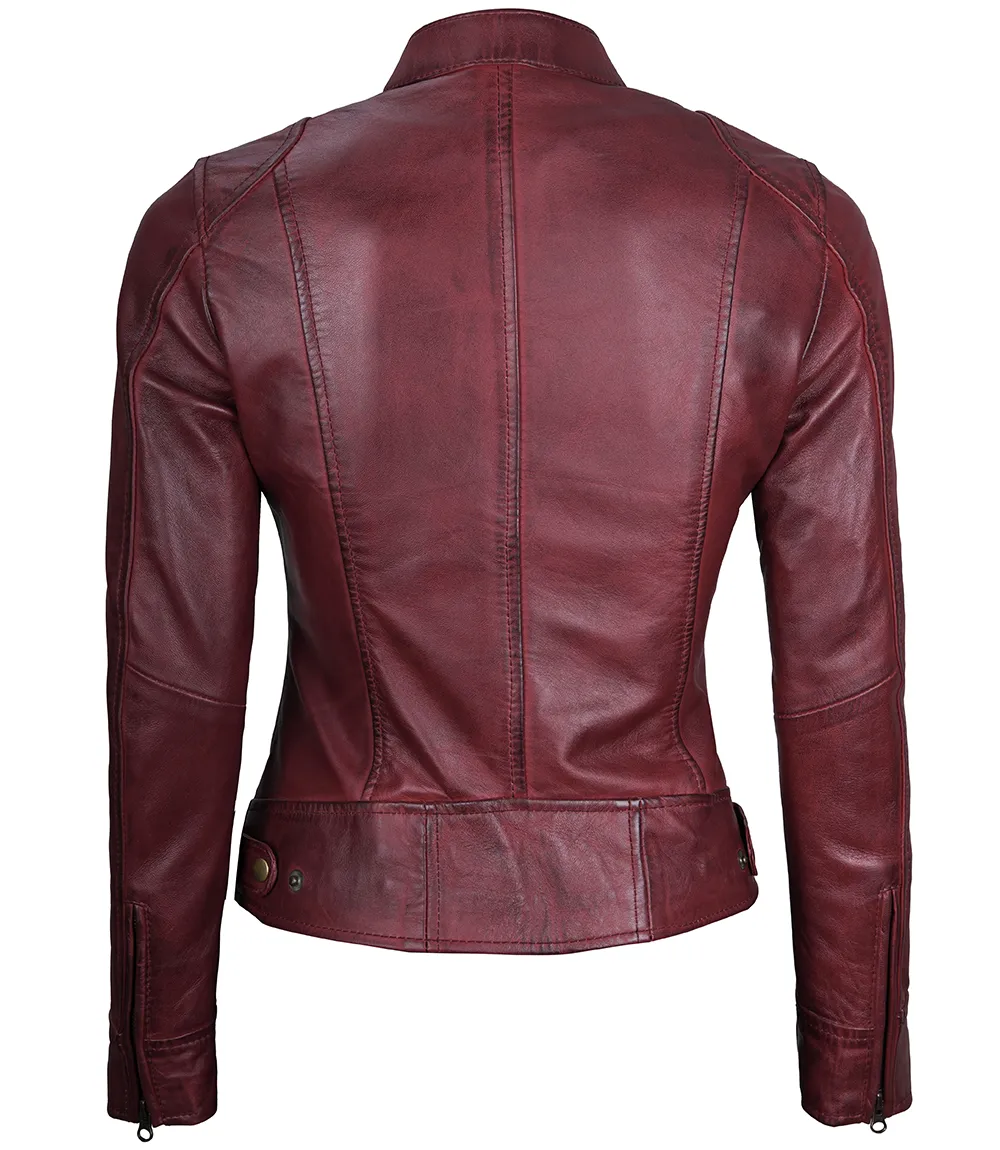 Dodge Women's Burgundy Cafe Racer Leather Jacket - Image 2